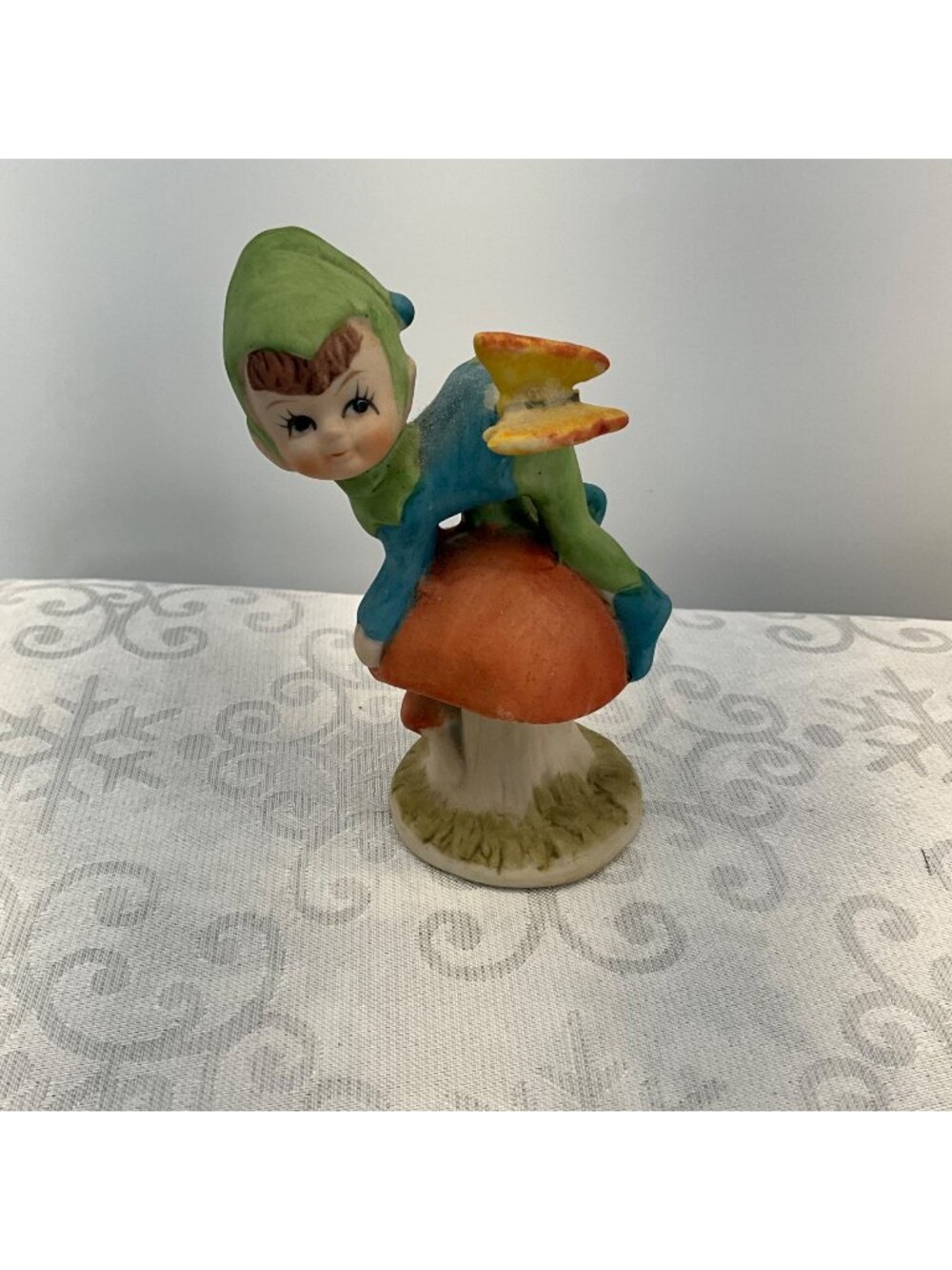 Pixie Elf Figurine On Mushroom 5.5" Hand-Painted Collectible Home Decor